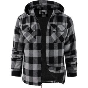 ZITY Men's Flannel Hooded Jacket Fleece Sherpa Lined Plaid Shirts Jackets Zip Up Sweatshirt Hoodies for Men with 4 Pockets, Large