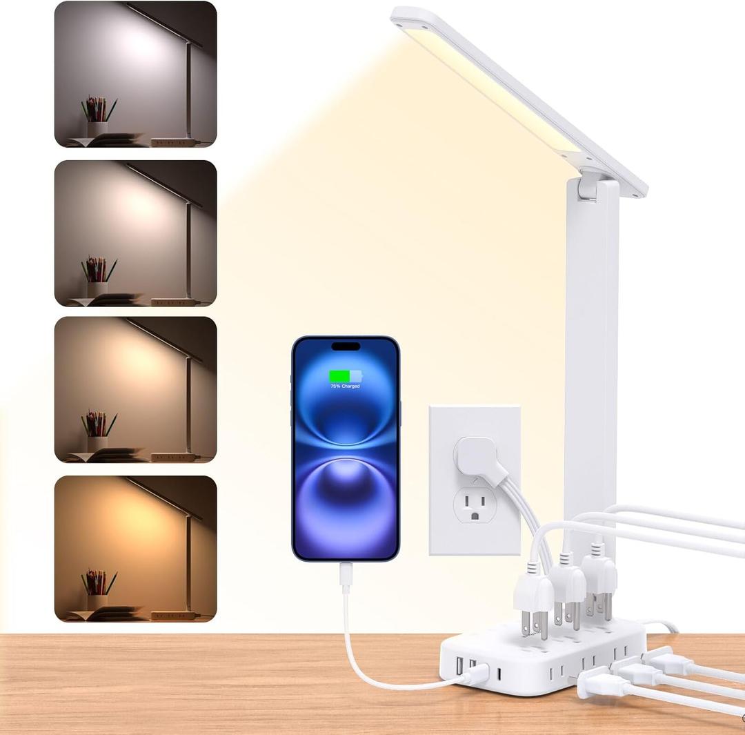 One Beat Desk Lamp with 6 Outlets 4 USB Ports(2USB-C),Eye Protection Table Lamp Power Strip with 4 Color Modes 5 Brightness Touch LED Desk Lamps for Home Office College Dorm Room Essentials(White