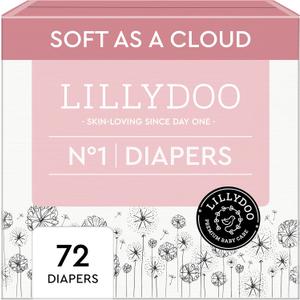 LILLYDOO Baby Diapers - Size 1 (4+ lbs), Half-Monthly Supply (72 Count), Leak Protection, Skin-Friendly, Ultrasoft, Perfume- & Chlorine-Free, Hypoallergenic, Dermatologist Tested, Oeko-TEX