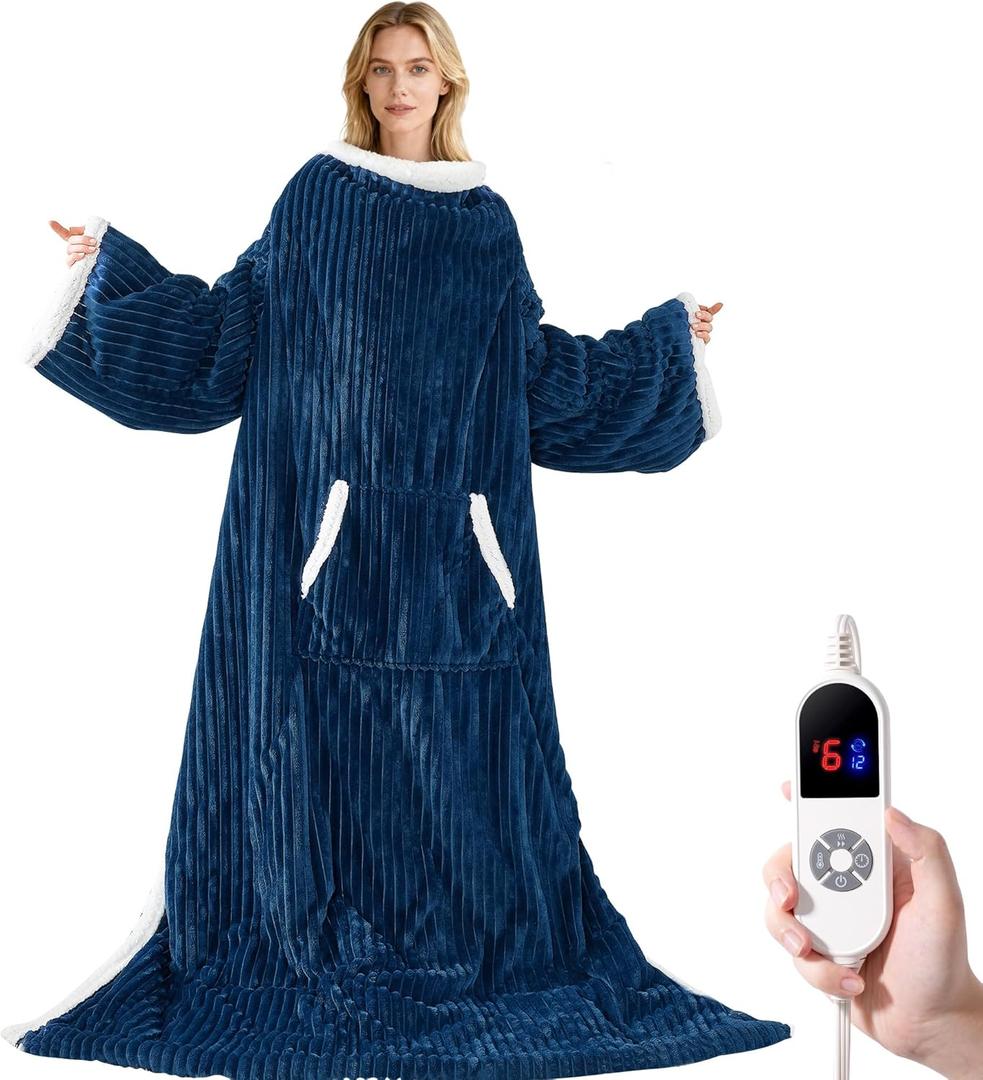 Heated Wearable Electric Blanket with Sleeves & Foot Pocket, Stripe Fleece Sherpa, 6 Heat Levels 12H Timer Setting, Over-Heat Protection, Machine Washable, 52x72 Inches Gray for Office/Home/Gift (Long, Navy Blue)