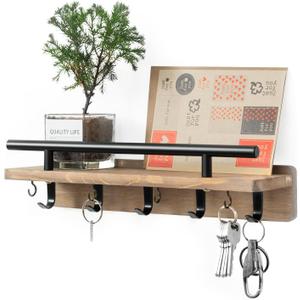 Key Holder Wall Mount Shelf and Hook Key Holder for Wall with 9 Hooks and Mail Organizer Tray Key Hanger Wall Mount for Entryway (Natural Wood)