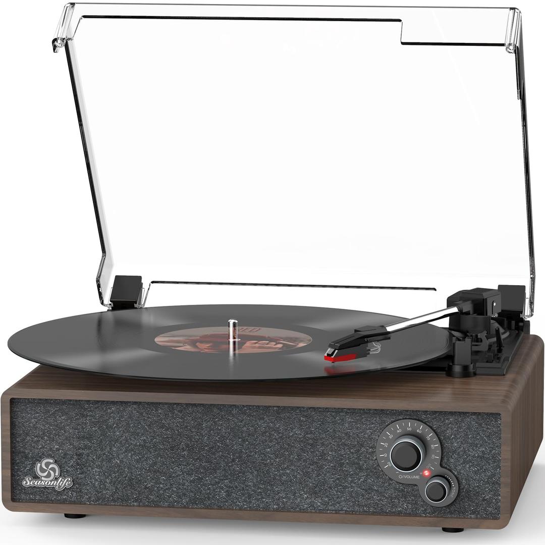 Record Player Built-in Stereo Speakers Vintage Turntable for Vinyl Records LP Phonograph Belt Drive 3 Speed 3 Size Support Wireless Input RCA Output Auto Stop Tone Adjustment Retro Wooden Walnut Brown