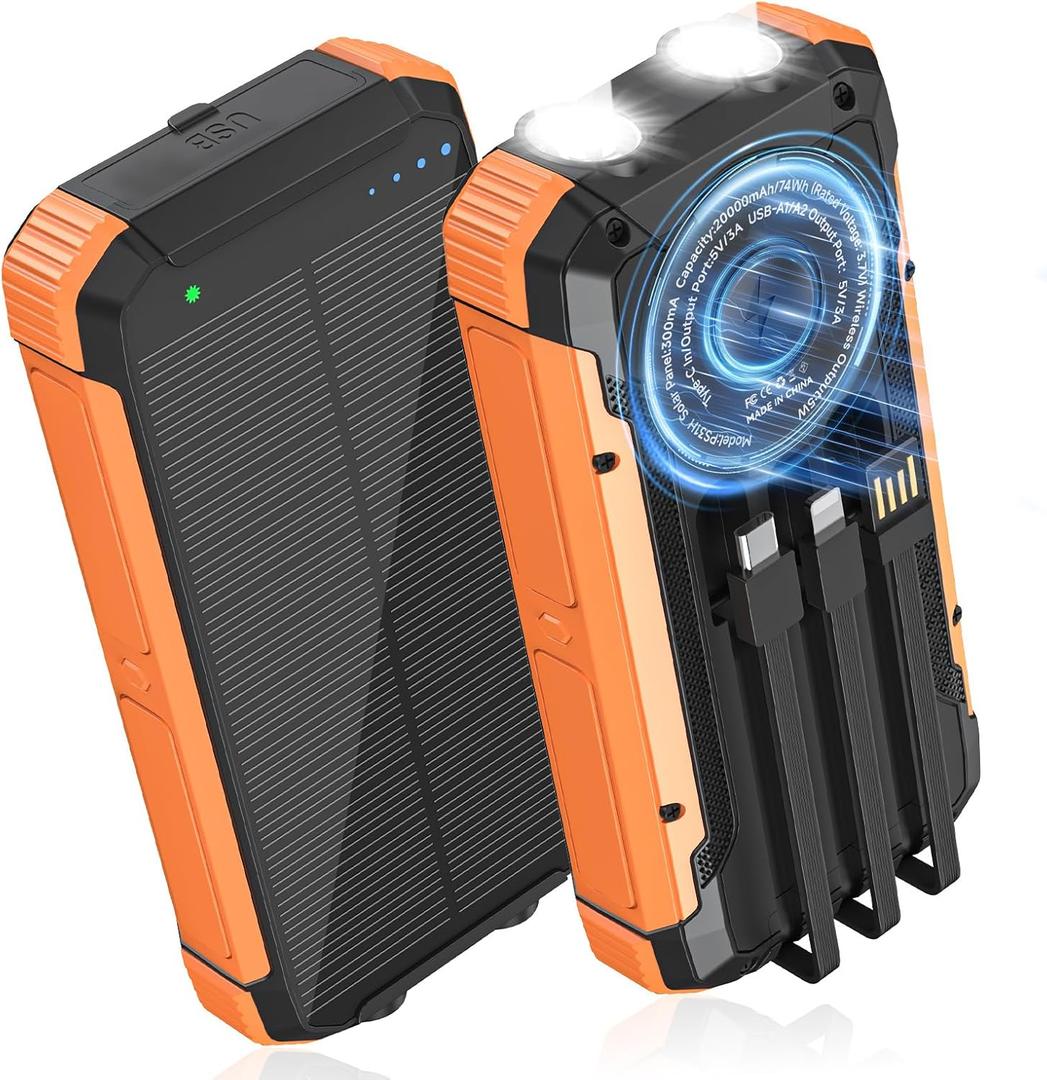 ERRBBIC Solar Charger Power Bank 20000mAh, Portable Wireless Charger, 15W Fast Charging External Battery Pack with Dual Flashlight and USB C Outputs, Outdoor Mobile Power Compatible with Cell Phones (Orange)
