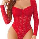 Avidlove Womens Bodysuits Long Sleeve Body Suits Womens Lace Going Out Tops One Piece Bodysuits for Women with Snap Crotch (Medium, Red)