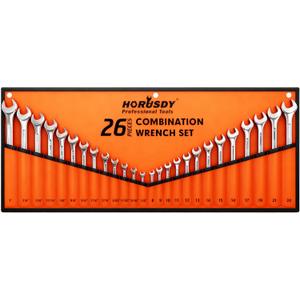 HORUSDY 26-Piece Durable Combination Wrench Set with Roll-up Pouch, Open End Wrench Set for General Household, Garage, Auto Repairs, SAE 1/4 - 1 and Metric 8mm - 24mm
