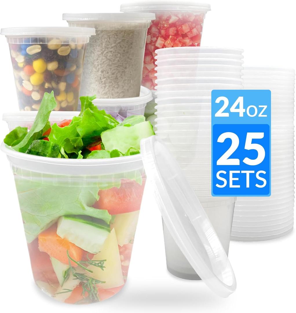 Reli. Deli Containers with Lids (25 Sets) 24 oz Plastic Containers with Lids | Plastic Soup Cups for To Go, Meal Prep, Food Storage | BPA Free & Disposable | Microwave, Dishwasher, Freezer Safe