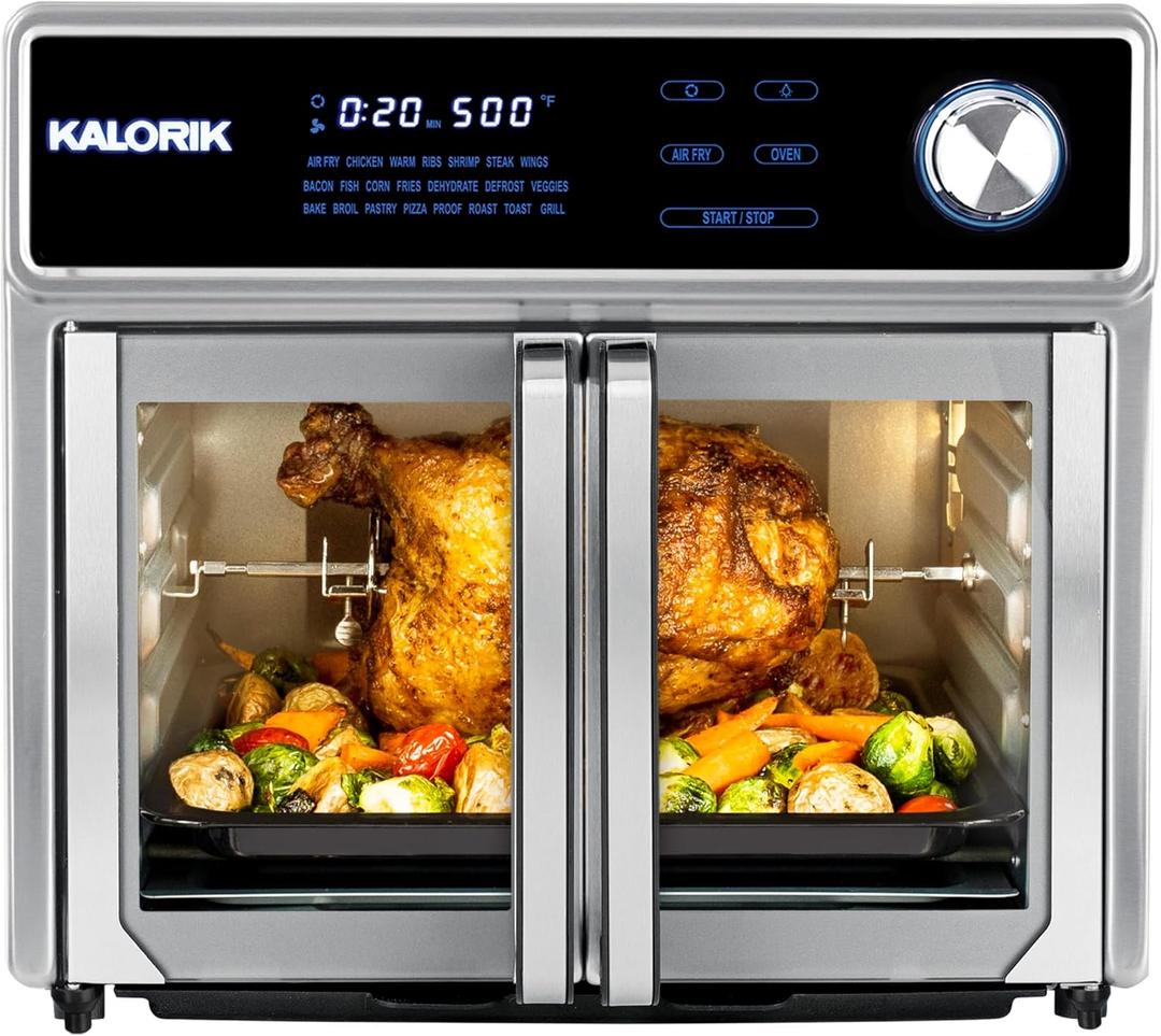 Kalorik Air Fryer Oven Grill MAXX Series 26-Quart with Smokeless Sear Technology Digital Controls Easy-View Door and 22 Smart Cooking Presets, Includes Cooking Accessories, 1700-Watts, Stainless Steel