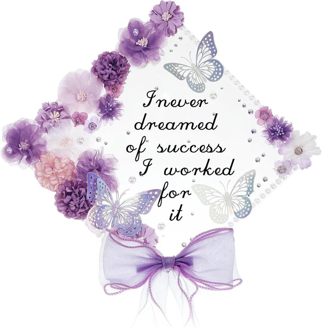 35 Pcs DIY Graduation Cap Decorations Accessory Kit, 3D Artificial Flowers, Butterfly & Alphabet Letter Stickers, Pearl Stickers, Bowknot for Grad Hats Decor(Purple)