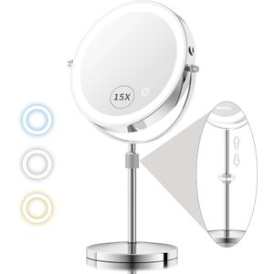 8 Lighted Makeup Mirror with Magnification, 15X/1X Rechargeable Magnifying Mirror with Lights, Stepless Dimming Light Up Desk Mirror with Adjustable Height, 360 Rotation Vanity Makeup Mirror (Silver Gray)