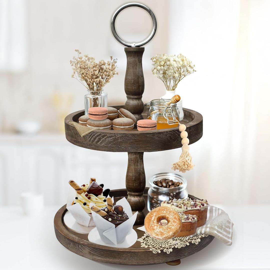 Premium Rustic Round 2 Tier Tray Stand - Farmhouse Wooden Tiered Tray Stand - Two Tiered Decorative Tray Centerpiece for Home Decor - Elegant Dessert Stand, Cupcake Stand, Coffee Bar Organizer (2-tier Brown (Classic Edition))
