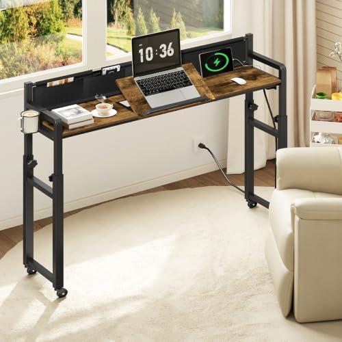 Overbed Table with Wheels, Height Adjustable, Recliner Table with Charging Station and Laptop Stand, Rolling Table with Storage and Cup Holder, Side Table for Living Room, Bed Room, Rustic Brown