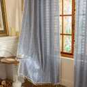 Boho Sheer Blue Curtains 84 inches Long 2 Panels for Living Room Bedroom,Farmhouse, Bohemian Beige Tassels Country Light Filtering Curtains Shabby Chic Embroidery Striped Draps Back Tab, 50" W