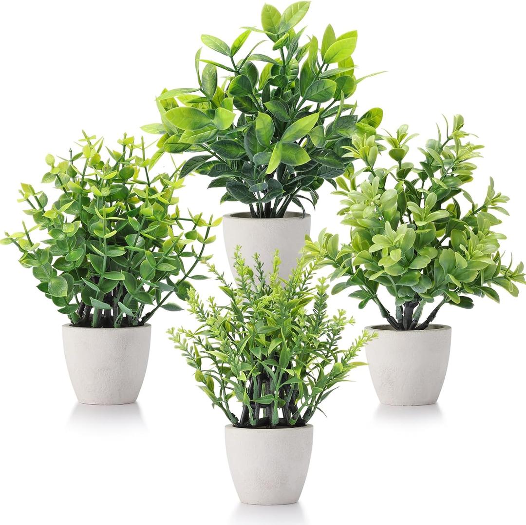FAVOWREATH 4 Pack Fake Plants Ceramic Mini Artificial Greenery Potted Plants for Home Decor Office Decor Room Decor Farmhouse Decor Indoor Table Bathroom Decor (White)