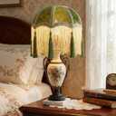 Elegant Victorian Style Lamp Shade with Fringe, Olive Green Velvet Fabric, Scalloped Bell Shape, Replacement Top for Antique Vintage Lamps, 9.8 x 11.3inch