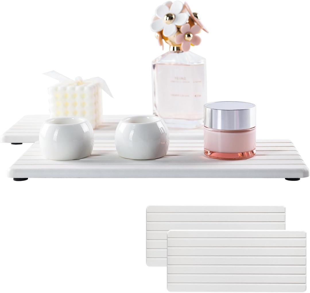 2 PCS Water Absorbent Diatomite Coasters (12.2" x 5.5"), Grooved Design, Water Absorbing Stone Used for Hand Soaps & Plants & toiletries in The Modern Home (White)