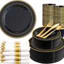 350 Pieces Black and Gold Plastic Plates with Disposable Silverware, Include 50 Dinner Plates 9, 50 Dessert Plates 6.3, 50 Black Cups 9 OZ, 50 Pre Rolled Napkins for New Year