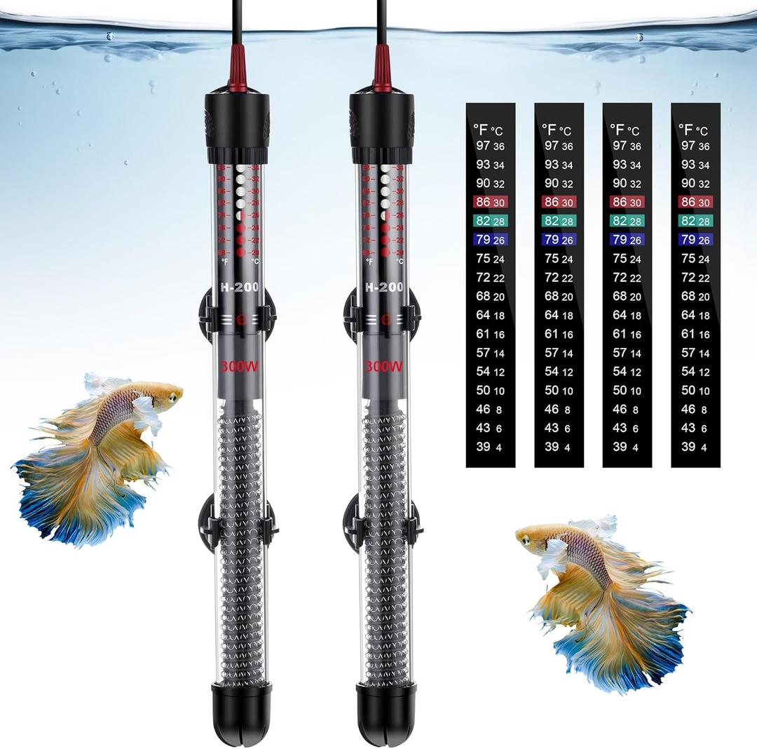 Dreyoo 2 Set Submersible Aquarium Heater, 100W/300W Adjustable Aquarium Fish Tank Heater with 4 Thermometers Stickers and Suckers, Adjustable Knob Thermostat for Marine Saltwater and Freshwater(300W)