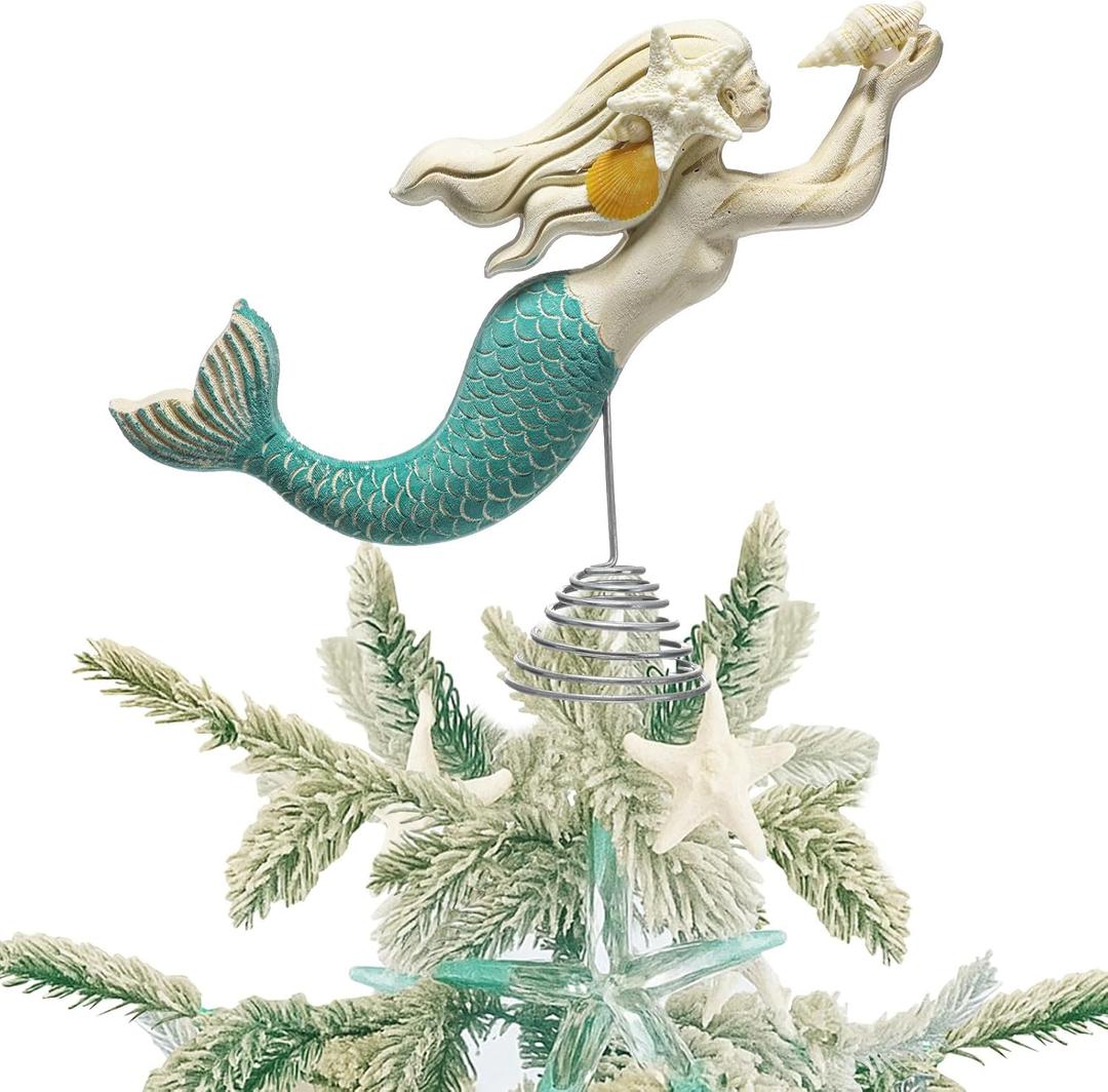 Demissle 10.6 Inches Ocean Christmas Ornament Coastal Christmas Tree Topper Mermaid Party Favors Vintage Beach Starfish Decoration Nautical Tree Topper Mermaid Figurine Ornament for Xmas Holiday