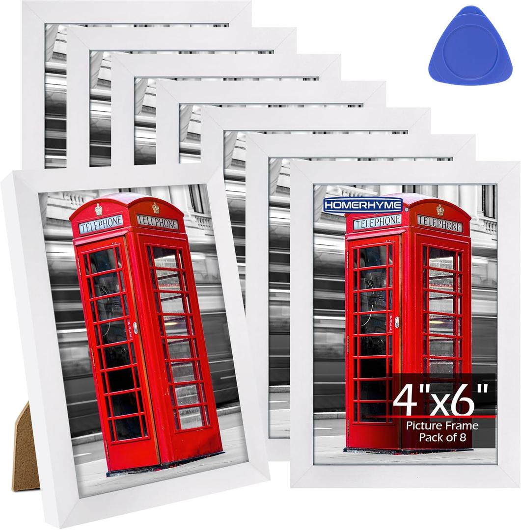 HOMERHYME 4x6 Picture Frames Set of 8, White Photo Frames for Gallery Wall Mounting or Table Display, Collage Frames with Clear Plexiglass for Home Office Decor