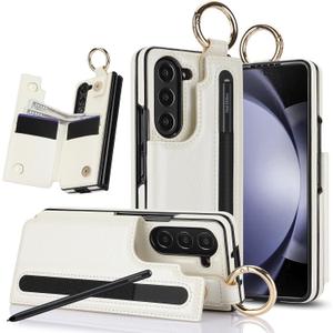 Asuwish Phone Case for Samsung Galaxy Z Fold 6 5G 2024 Wallet Cover with S Pen SPen Slot Credit Card Holder Stand Slim Rugged Mobile Ring Flip Cell Accessories ZFold6 Z6 G Fold6 6Z Women Men Off White