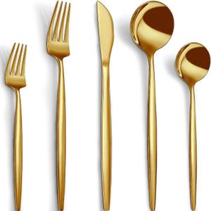 CEKEE Gold Silverware Set, 40 Piece Gold Utensils Set Service for 8, Stainless Steel Flatware Set Include Knives Spoons and Forks Cutlery Set for Kitchen Home Restaurant Wedding, Satin Finish