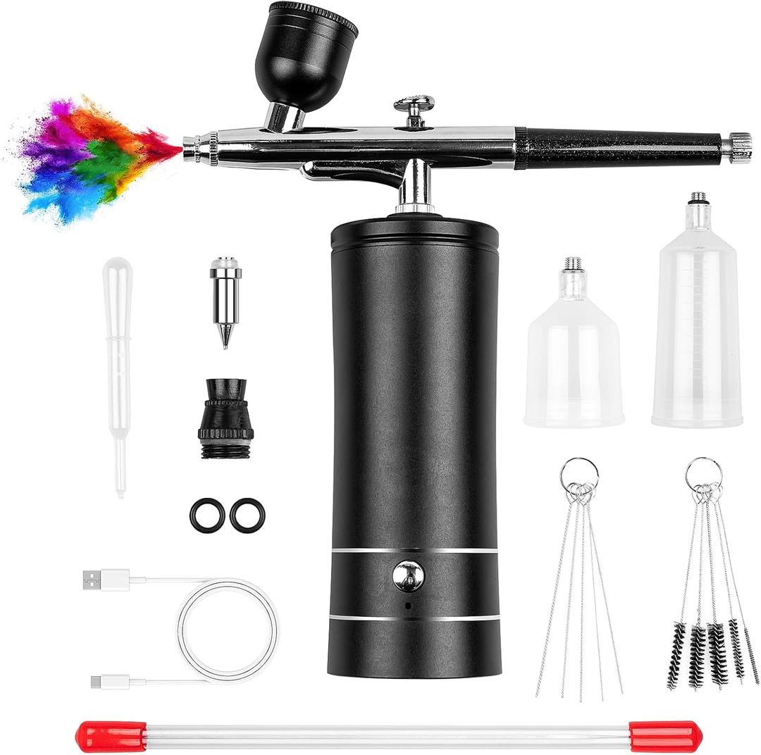 Airbrush Kit, Rechargeable Cordless Airbrush with Compressor, Non-Clogging High-Pressure Air Brush Set with 0.3mm Nozzle and Cleaning Brush Set for Makeup, Barber, Nail Art, Cake Decor