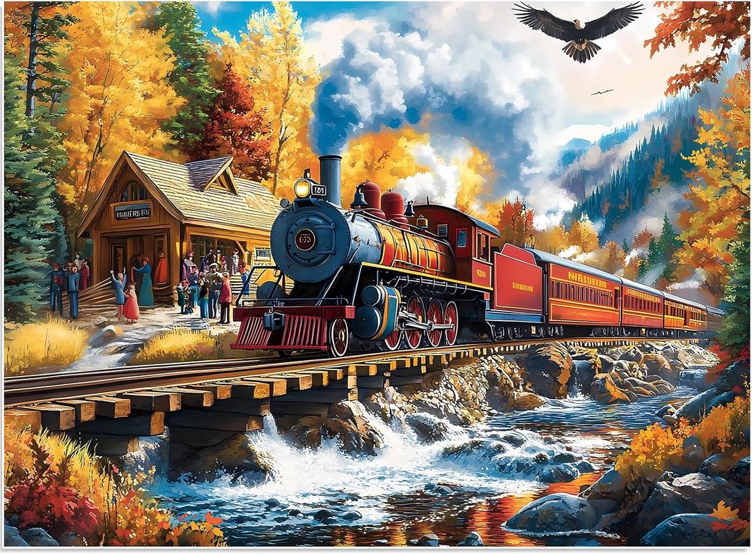 Puzzles for Adults 500 Pieces, Train Puzzle for Adults, Fun Fall Landscape Jigsaw Puzzles Seniors, 500 Pieces Recycled Cardboard Puzzle, Challenging Family Game, 20.5 x 15 in
