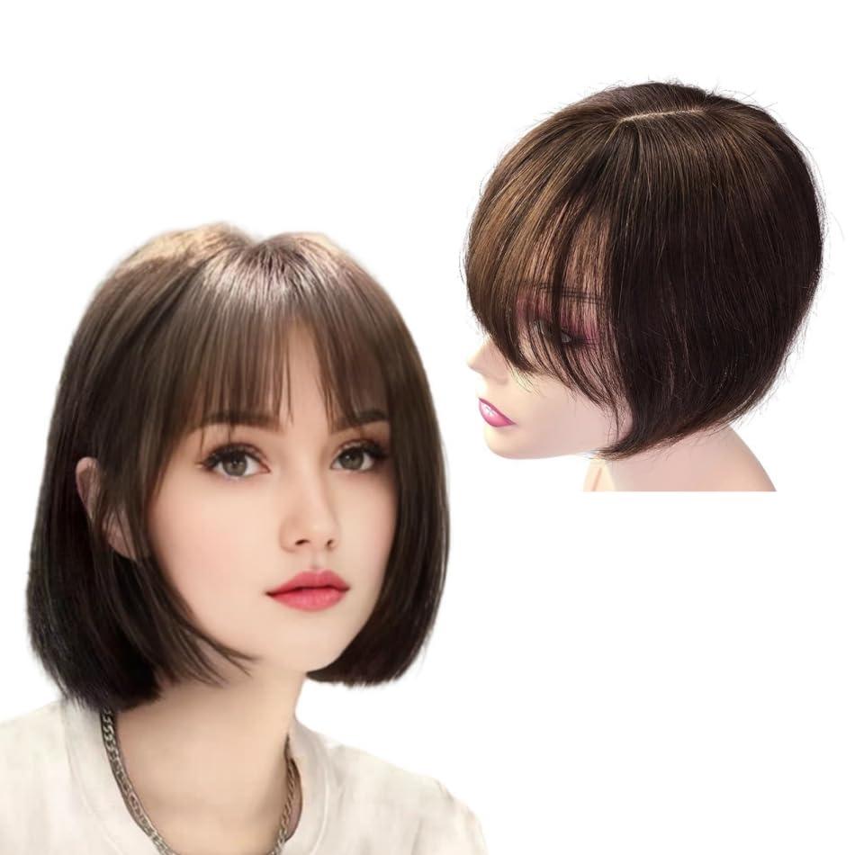 Anemone Invisible Human Hair Toppers For Women Clip In Toppers With 3D Air Bangs Fringe Straight 10x11cm Middle Part PU Scalp Wiglets Hairpieces Increase Hair Volume (20cm, Brown)