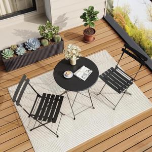GarveeTech Folding Bistro Set Outdoor Patio Furniture, 3-Piece Black Foldable Table and Chairs with Heavy-Duty Steel Frame, No Assembly Required for Garden, Balcony, Backyard
