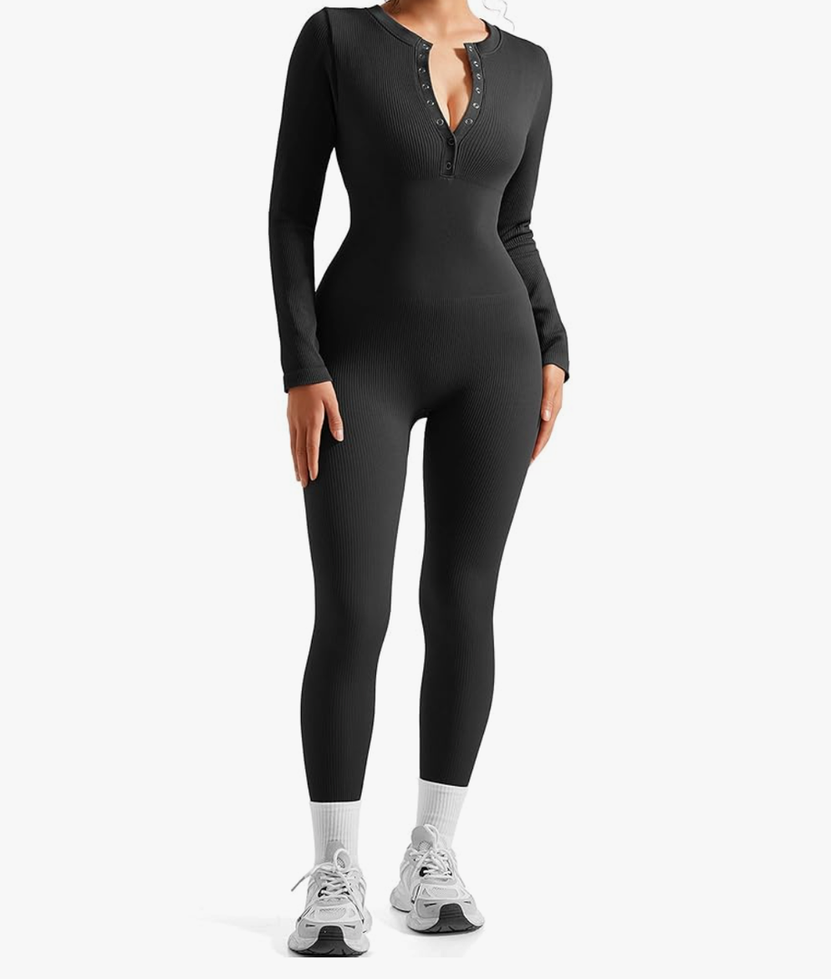 SUUKSESS Women Long Sleeve Ribbed Workout Jumpsuit One Piece V Neck Button Down Yoga Jumpsuits S