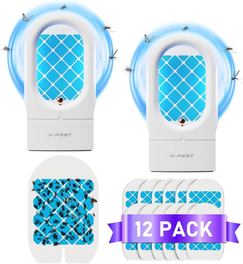 2 Packs Fruit Fly Traps for Indoors, Plug-in Fly Trap Indoor, Gnat Traps for House Indoor, Fly Insect Trap with UV Light, Fly Catcher for Fruit Flies, Gnats, Mosqutioes, Moths (2 Device + 12 Refills)