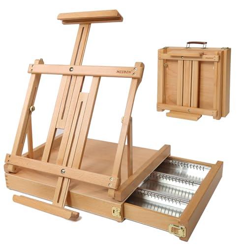 MEEDEN Studio Sketch box Table Easel with Metal Lined Drawer - Adjustable Solid Beech Wood Tabletop Easel & Sketch box Artist Easel with Storage, for Studio or Plein Air - Holds canvases up to 34" high