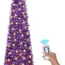 6 FT Pop Up Christmas Tree with 100 LED Timer Lights & Remote, Purple Collapsible Christmas Tinsel Tree Artificial Pencil Tree Xmas Decoration for Holiday Home Office Party, USB Powered