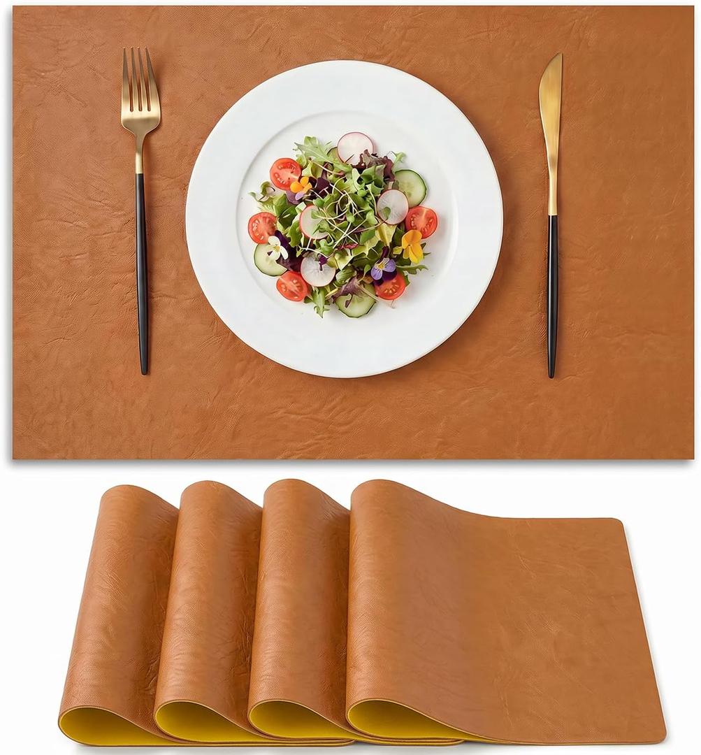 Artoid Mode Rust Faux Leather Placemats Set of 4 | 12x18 Inch Waterproof Wipeable Heat Resistant Vinyl Place Mats, Reversible Table Mats for Fall Kitchen Dining Decor