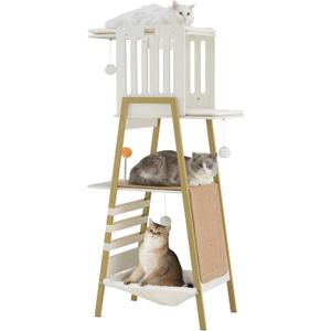 FourFurPets Modern Cat Tree, 58-Inch Cat Tower for Large Cats, Maine Coon Cat Tree with Scratching Board, Large Perch, Hammock and Removable Pads, White
