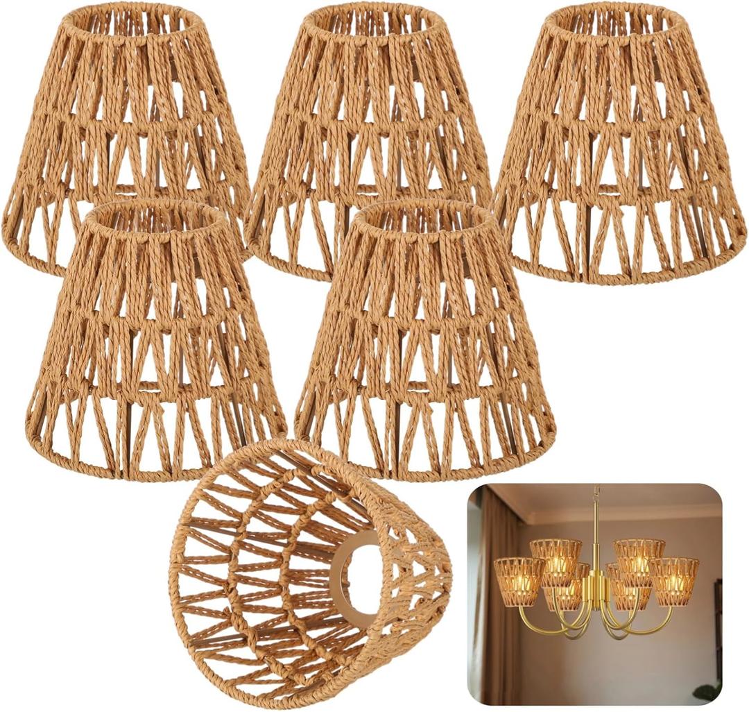 6 PCS E27 Rattan Lamp Shade, Bell Woven Wicker Lampshades Replacement, Paper Rope & Metal Frame, Bohemian Style Light Shade Replacement for Table Lamps, Pendant Lights, Wall Lights(5.5" H x 5.9" D)