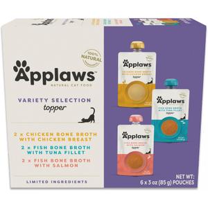 Applaws Natural Bone Broth Wet Cat Food Topper, Limited Ingredient Broth for Cats, Protein Wet Food Topper for Cats, Fish and Chicken Variety Pack(6 x 3oz Spout Pouches) (EXP 04/25/28)