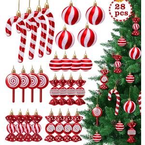 28 Pcs Candy Cane Ornaments for Christmas Tree Decoraions,Candy Cane Christmas Decorations,Plastic Peppermint Ornaments for Tree Party Hanging Decor Holiday Red and White Decoration (Red)