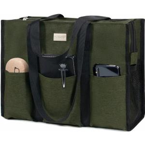 TOPDesign Utility Water Resistant Tote Bag with 13 Pockets, Top Zipper Closure & Thick Bottom Support, for Working Women (Large, Green)