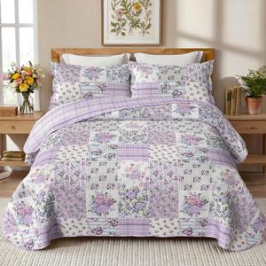 Purple Patchwork Queen Quilt Floral Queen Size Quilt 3 Pieces Full Bedding Set Reversible Soft Lightweight Bedspread Coverlet for All Season, 90"x96" (1 Quilt, 2 Pillow Shams)