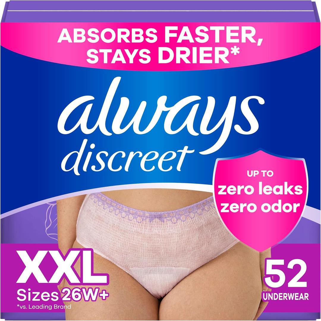Always Discreet Adult Diapers for Women, Incontinence Underwear, Drier Than Depends, Postpartum Essentials, Disposable Briefs, Max Absorbency, Bladder Leak Protection, 2XL / XXL, 52ct