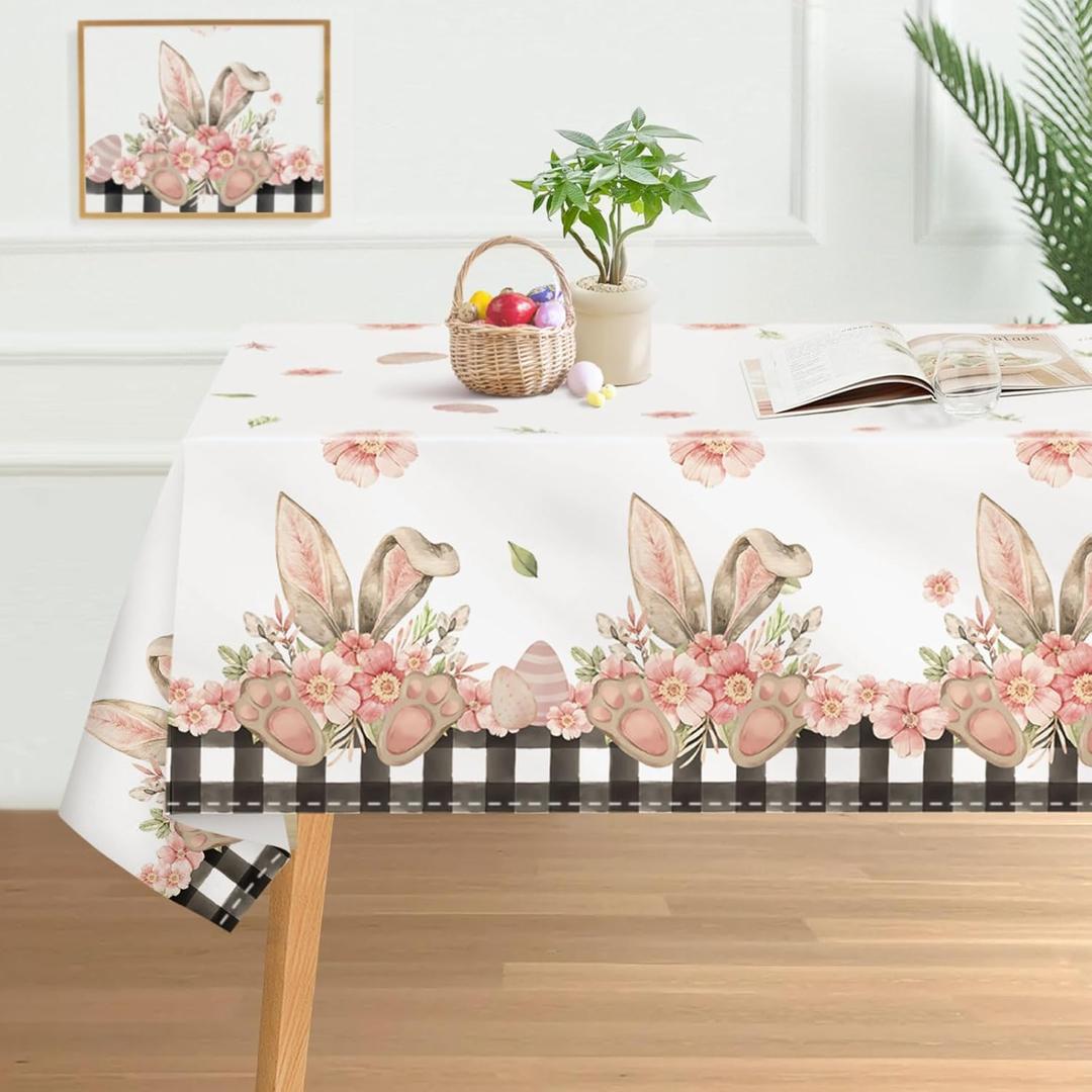 2 x Easter Tablecloth 60 x 84 Inch, Buffalo Plaid Bunny Ear Foot Flowers & Polyester Table Cover for Spring Easter Holiday Party Dinner Table Decor