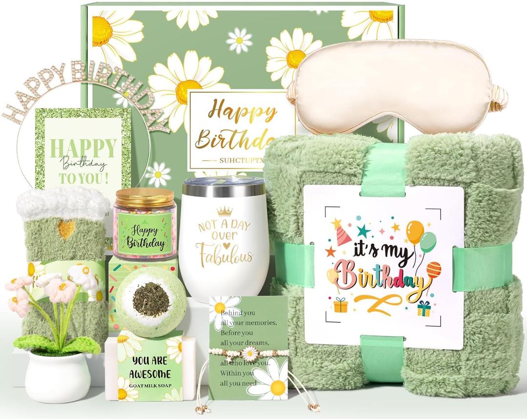 Birthday Gifts for Women, 12Pcs Happy Birthday Gift Basket for Women Unique Gifts Set Ideas Relaxing Birthday Box w/ Blanket for Her Mom Best Friends Female Sister Coworker Her Friendship (Green)