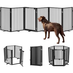 Full Metal Free Standing Dog Gate with Door for Indoor & Outdoor,120'' Extra Wide 32'' Tall Dog Gate for The Doorways,Large Openings,Decks,Porch,Pet Freestanding Safety Fence(6 Panels,Black)