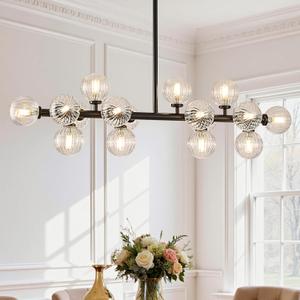 16-Light Glass Globe Sputnik Chandelier, Linear Dining Room Light Fixture Over Table, Mid Century Modern Black Chandelier for Living Dining Room, Kitchen Island Lighting (Clear Bubble, 40 Inch)
