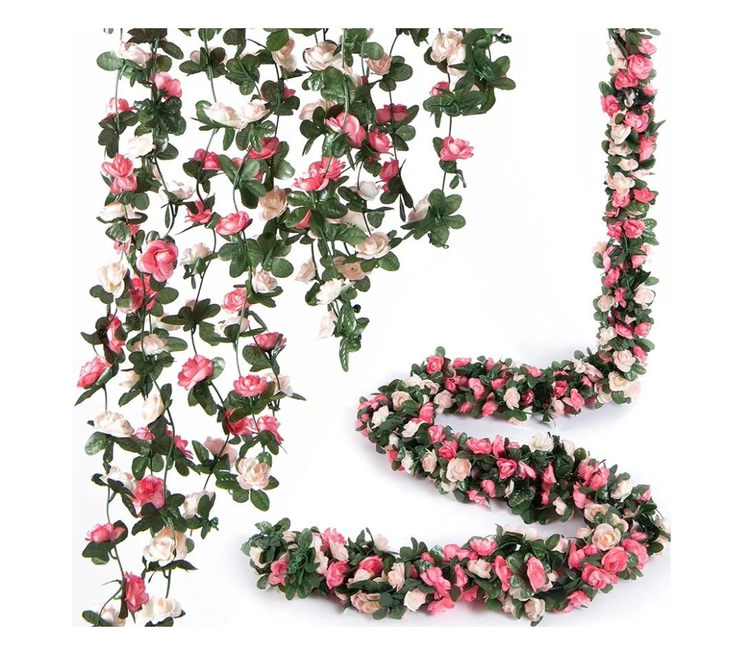 6Pcs x 8.2 ft Flower Garland Artificial Rose Vine Flowers with Green Leaves Hanging Fake Roses Vine for Room Party Home Wedding Birthday Christmas Wall Arch Decor, Spring Pink Flower