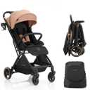 Gromast Gravity Folding Baby Stroller - Portable Travel Toddler Stroller w/Adjustable Backrest, Canopy & Cup Holder, Lightweight and UV Protected, One-Hand Automatic Folding - Khaki