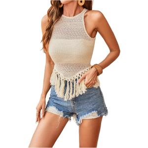 MakeMeChic Women's Crochet Fringe Pullover Sweater Crew Neck Sleeveless Knitted Tank Top (L)