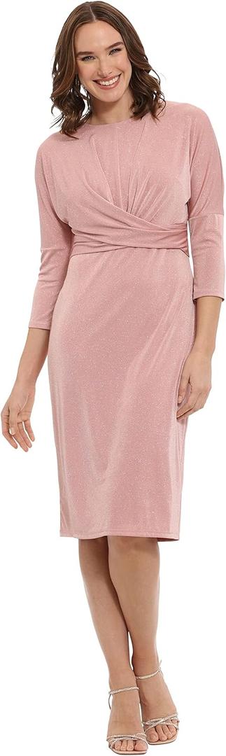 London Times Womens 3/4 Sleeve Criss Cross Waist Dress (8 Petite, Pink)