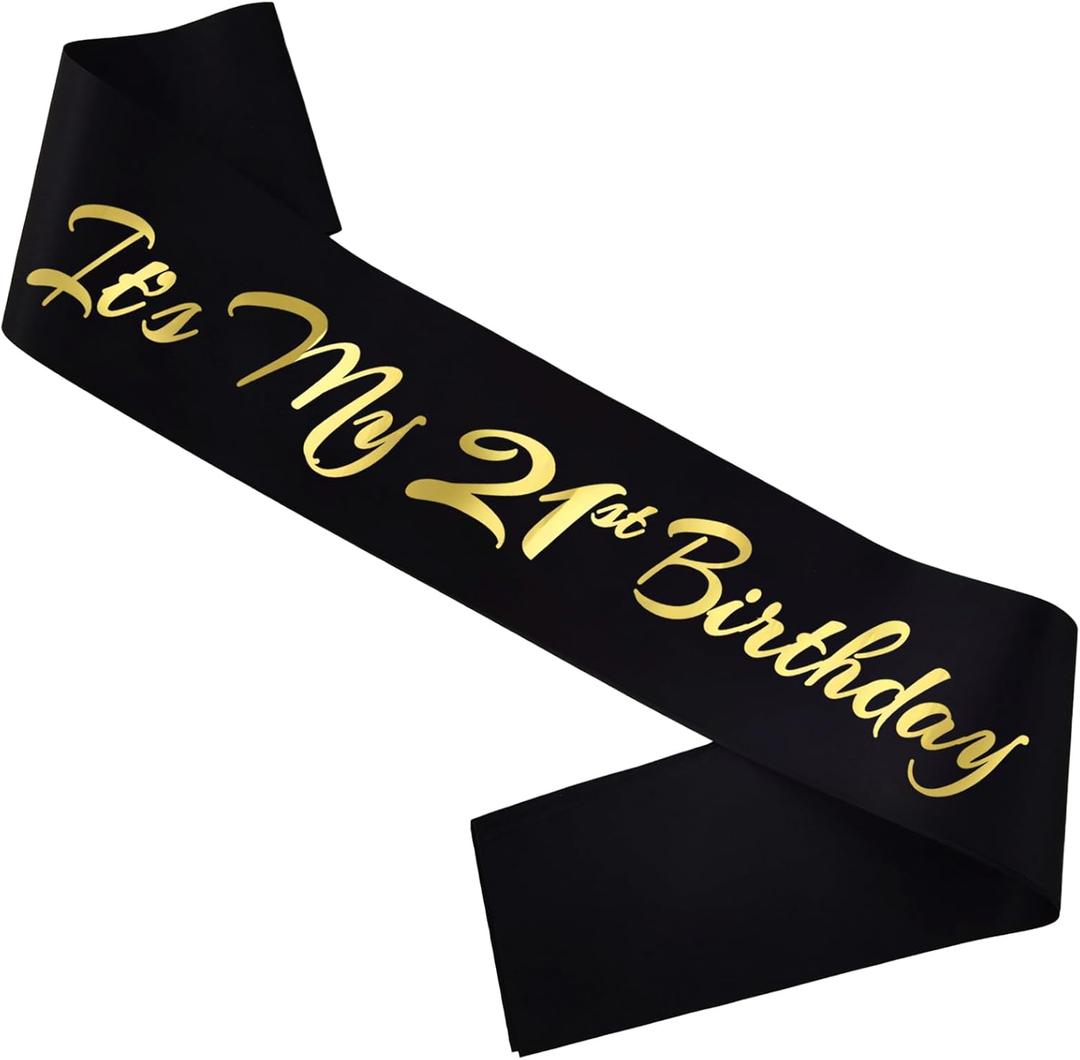 It's My 21st Birthday Sash, Black Gold Birthday Sash for 21st Bday Party Supplies, Gifts for Girl or Boy Bday Party Favors